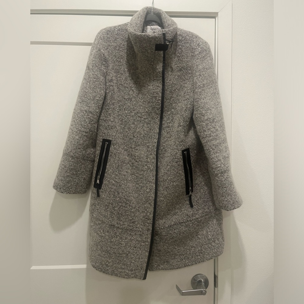 Calvin Klein Wool Blend Women's Coat With Faux leather Trim Size XL